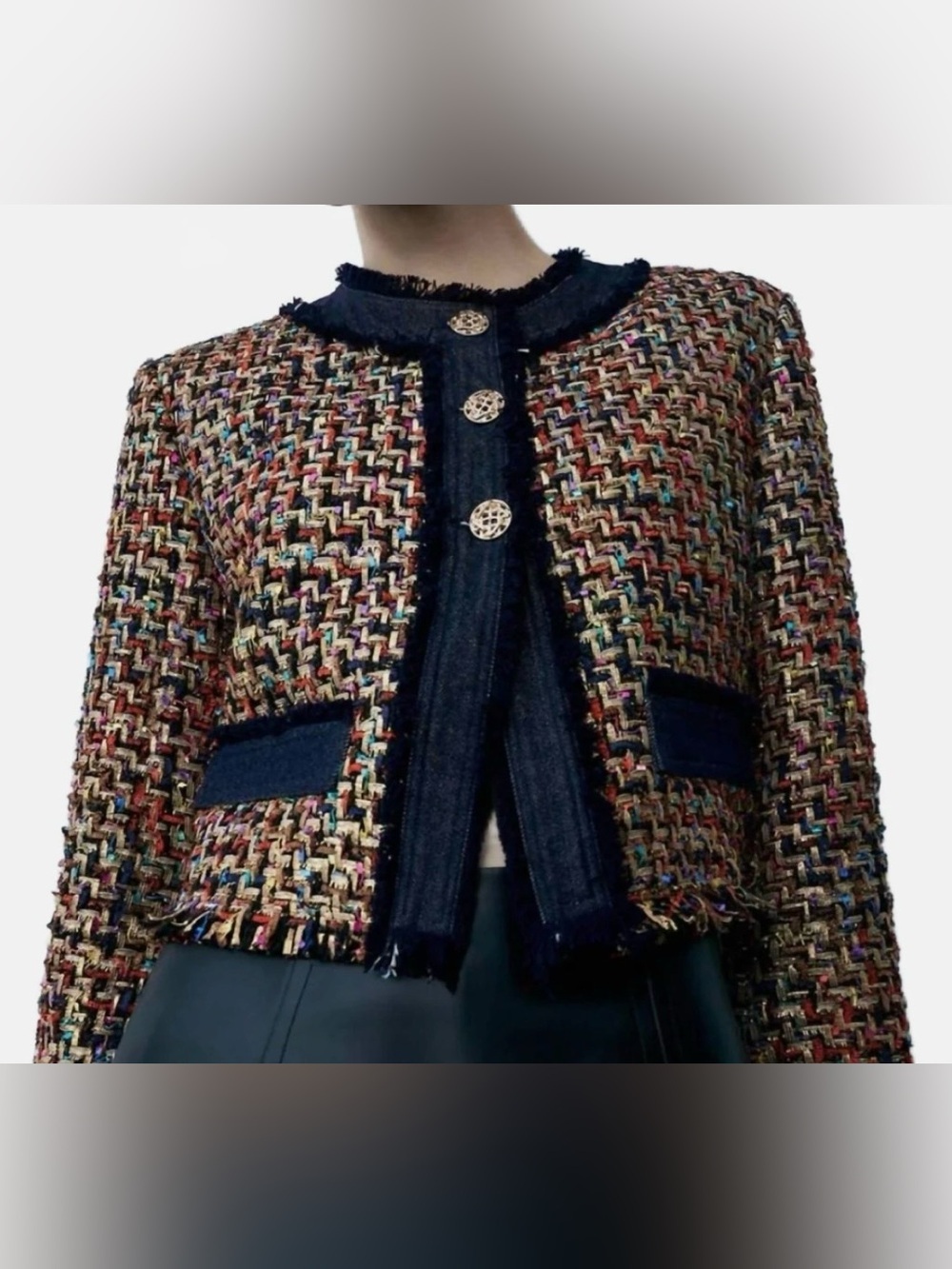 Urban Revivo Womens Tweed Cropped Blazer Jacket Sz US 8 Multicolor Frayed Trim